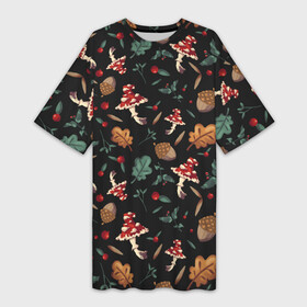 Платье-футболка 3D с принтом Лесной принт с мухоморами в Кировске,  |  | Тематика изображения на принте: грибы | желуди | лесной | листья | мухоморы | узор | черный
