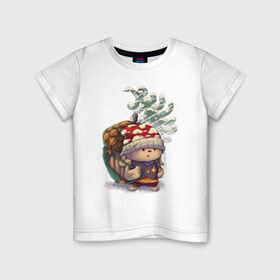 Детская футболка хлопок с принтом Милый зимний лесной зверек в Кировске, 100% хлопок | круглый вырез горловины, полуприлегающий силуэт, длина до линии бедер | зима | лес | мультик | новый год | персонаж | рождество | теплый | шапка