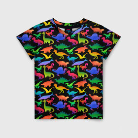 Детская футболка 3D с принтом Яркие динозавры в Кировске, 100% гипоаллергенный полиэфир | прямой крой, круглый вырез горловины, длина до линии бедер, чуть спущенное плечо, ткань немного тянется | дино | динозавры | диносы | разноцветные | хищные | цветные | юрский период