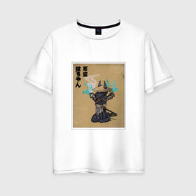 Женская футболка хлопок Oversize с принтом японский кот самурай в Кировске, 100% хлопок | свободный крой, круглый ворот, спущенный рукав, длина до линии бедер
 | Тематика изображения на принте: 