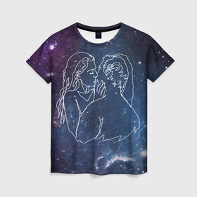Женская футболка 3D с принтом Ты моя вселенная в Кировске, 100% полиэфир ( синтетическое хлопкоподобное полотно) | прямой крой, круглый вырез горловины, длина до линии бедер | 14 февраля | spase | влюблённые | девушка | космос | линии | любовь | отношения | парень | поцелуй | романтика