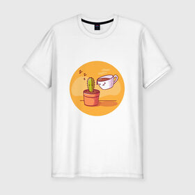 Мужская футболка хлопок Slim с принтом Кофе и Кактус в Кировске, 92% хлопок, 8% лайкра | приталенный силуэт, круглый вырез ворота, длина до линии бедра, короткий рукав | Тематика изображения на принте: кактус | кофе | мило | спит