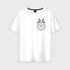 Женская футболка хлопок Oversize с принтом Панда В Кармане в Кировске, 100% хлопок | свободный крой, круглый ворот, спущенный рукав, длина до линии бедер
 | animals | beats | head | panda | pocket | в кармане | голова | животные | звери | лапки | любовь | панда