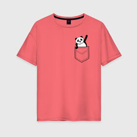 Женская футболка хлопок Oversize с принтом Панда В Кармане в Кировске, 100% хлопок | свободный крой, круглый ворот, спущенный рукав, длина до линии бедер
 | 