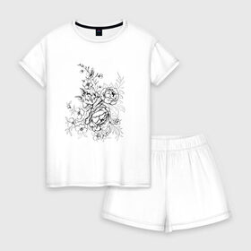 Женская пижама с шортиками хлопок с принтом Графика тату в Кировске, 100% хлопок | футболка прямого кроя, шорты свободные с широкой мягкой резинкой | монохром | пион | розы | татуировка | цветы