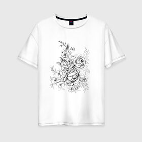 Женская футболка хлопок Oversize с принтом Графика тату в Кировске, 100% хлопок | свободный крой, круглый ворот, спущенный рукав, длина до линии бедер
 | монохром | пион | розы | татуировка | цветы
