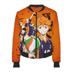 Женский бомбер 3D с принтом ВОЛЕЙБОЛ!! / HAIKYUU!! в Кировске, 100% полиэстер | застегивается на молнию, по бокам два кармана без застежек, мягкие манжеты, по низу бомбера и на воротнике — эластичная резинка | anime | haikyu | haikyuu | karasuno | аниме | волейбол | ворон | карасуно | манга | мяч | сёё хината