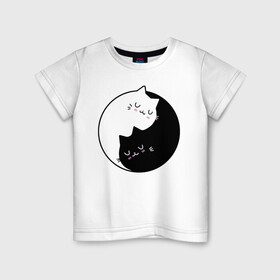 Детская футболка хлопок с принтом Yin and Yang cats в Кировске, 100% хлопок | круглый вырез горловины, полуприлегающий силуэт, длина до линии бедер | Тематика изображения на принте: anime | cat | cats | kitten | love | philosophy | yang | yin | yoga | аниме | инь | йога | кот | котенок | котик | котики | коты | любовь | противоположность | сердце | философия | ян