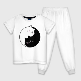 Детская пижама хлопок с принтом Yin and Yang cats в Кировске, 100% хлопок |  брюки и футболка прямого кроя, без карманов, на брюках мягкая резинка на поясе и по низу штанин
 | Тематика изображения на принте: anime | cat | cats | kitten | love | philosophy | yang | yin | yoga | аниме | инь | йога | кот | котенок | котик | котики | коты | любовь | противоположность | сердце | философия | ян