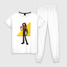 Женская пижама хлопок с принтом Джонни Сильверхенд в Кировске, 100% хлопок | брюки и футболка прямого кроя, без карманов, на брюках мягкая резинка на поясе и по низу штанин | киану | киберпанк | ривз | сильверхэнд