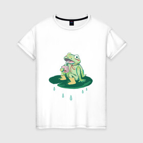 Женская футболка хлопок с принтом Baby frog  в Кировске, 100% хлопок | прямой крой, круглый вырез горловины, длина до линии бедер, слегка спущенное плечо | frog | juice | rain | лягушка
