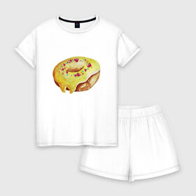 Женская пижама с шортиками хлопок с принтом Пончитос в Кировске, 100% хлопок | футболка прямого кроя, шорты свободные с широкой мягкой резинкой | глазурь | пончик | посыпка | сладости