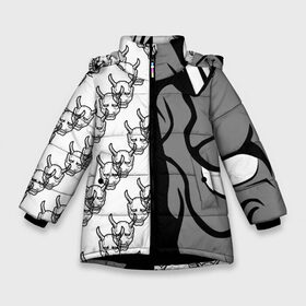 Зимняя куртка для девочек 3D с принтом DEMON BLACK/WHITE в Кировске, ткань верха — 100% полиэстер; подклад — 100% полиэстер, утеплитель — 100% полиэстер. | длина ниже бедра, удлиненная спинка, воротник стойка и отстегивающийся капюшон. Есть боковые карманы с листочкой на кнопках, утяжки по низу изделия и внутренний карман на молнии. 

Предусмотрены светоотражающий принт на спинке, радужный светоотражающий элемент на пуллере молнии и на резинке для утяжки. | Тематика изображения на принте: fashion | fire | game | hip hop | rap | street style | top | игра | мода | огонь | рэп | топ | уличный стиль | хип хоп