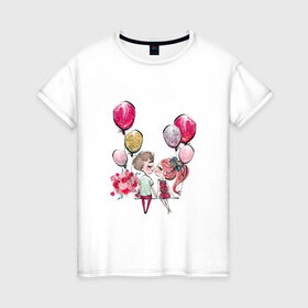 Женская футболка хлопок с принтом Парочка в Кировске, 100% хлопок | прямой крой, круглый вырез горловины, длина до линии бедер, слегка спущенное плечо | букет цветов | валентин | первый поцелуй | свидание | шары