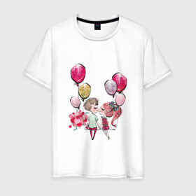Мужская футболка хлопок с принтом Парочка в Кировске, 100% хлопок | прямой крой, круглый вырез горловины, длина до линии бедер, слегка спущенное плечо. | букет цветов | валентин | первый поцелуй | свидание | шары