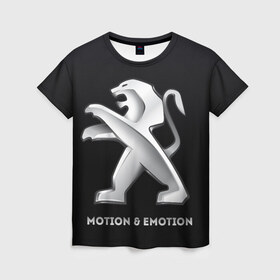 Женская футболка 3D с принтом Motion & Emotion в Кировске, 100% полиэфир ( синтетическое хлопкоподобное полотно) | прямой крой, круглый вырез горловины, длина до линии бедер | auto | emotion | motion | peugeot | sport | авто | лого | логотип | пежо | пижо | спорт