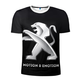 Мужская футболка 3D спортивная с принтом Motion & Emotion в Кировске, 100% полиэстер с улучшенными характеристиками | приталенный силуэт, круглая горловина, широкие плечи, сужается к линии бедра | auto | emotion | motion | peugeot | sport | авто | лого | логотип | пежо | пижо | спорт