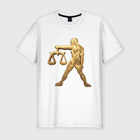 Мужская футболка хлопок Slim с принтом Весы в Кировске, 92% хлопок, 8% лайкра | приталенный силуэт, круглый вырез ворота, длина до линии бедра, короткий рукав | libra | zodiac signs | весы | знаки зодиака | золотой рисунок
