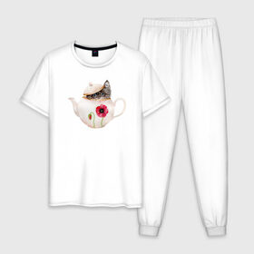 Мужская пижама хлопок с принтом Шкодливый коть в Кировске, 100% хлопок | брюки и футболка прямого кроя, без карманов, на брюках мягкая резинка на поясе и по низу штанин
 | кот | мурчало | подосатый | чайник | шкода