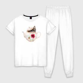 Женская пижама хлопок с принтом Шкодливый коть в Кировске, 100% хлопок | брюки и футболка прямого кроя, без карманов, на брюках мягкая резинка на поясе и по низу штанин | кот | мурчало | подосатый | чайник | шкода