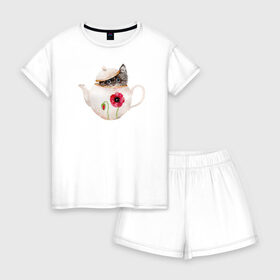 Женская пижама с шортиками хлопок с принтом Шкодливый коть в Кировске, 100% хлопок | футболка прямого кроя, шорты свободные с широкой мягкой резинкой | кот | мурчало | подосатый | чайник | шкода