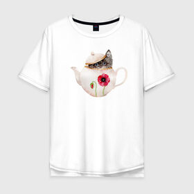 Мужская футболка хлопок Oversize с принтом Шкодливый коть в Кировске, 100% хлопок | свободный крой, круглый ворот, “спинка” длиннее передней части | кот | мурчало | подосатый | чайник | шкода
