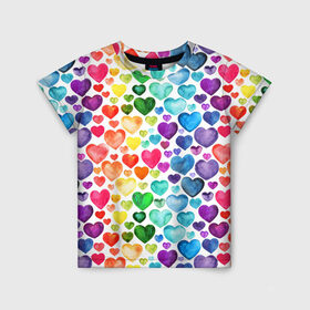 Детская футболка 3D с принтом Радужные сердечки в Кировске, 100% гипоаллергенный полиэфир | прямой крой, круглый вырез горловины, длина до линии бедер, чуть спущенное плечо, ткань немного тянется | 8 марта | love | девочки | женская | любовь | подружке | сердечки