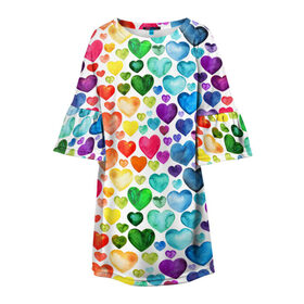 Детское платье 3D с принтом Радужные сердечки в Кировске, 100% полиэстер | прямой силуэт, чуть расширенный к низу. Круглая горловина, на рукавах — воланы | 8 марта | love | девочки | женская | любовь | подружке | сердечки
