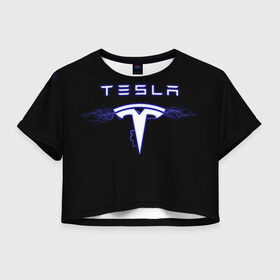 Женская футболка Crop-top 3D с принтом TESLA в Кировске, 100% полиэстер | круглая горловина, длина футболки до линии талии, рукава с отворотами | ac | acdc | america | auto | car | cars | dc | electro | elon | logo | musk | rock | space | spacex | tesla | usa | x | авто | автомобиль | илон | космос | лого | логотип | маск | машина | молнии | молния | музыка | рок | тесла | электричест