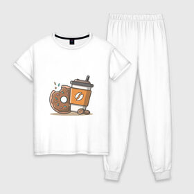 Женская пижама хлопок с принтом Сладкая жизнь в Кировске, 100% хлопок | брюки и футболка прямого кроя, без карманов, на брюках мягкая резинка на поясе и по низу штанин | Тематика изображения на принте: coffee | вкусняшки | кофе | пончик | сладости