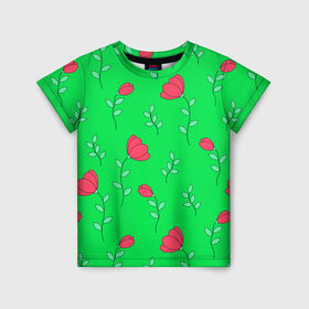 Детская футболка 3D с принтом Тюльпаны на салатовом фоне в Кировске, 100% гипоаллергенный полиэфир | прямой крой, круглый вырез горловины, длина до линии бедер, чуть спущенное плечо, ткань немного тянется | 8 марта | flowers | summer | ботаническая иллюстрация | весна | зеленый | красный | лето | листья | любовь | праздник | принт | природа | растения | салатовый | тюльпаны | цветы