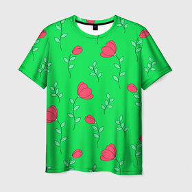 Мужская футболка 3D с принтом Тюльпаны на салатовом фоне в Кировске, 100% полиэфир | прямой крой, круглый вырез горловины, длина до линии бедер | 8 марта | flowers | summer | ботаническая иллюстрация | весна | зеленый | красный | лето | листья | любовь | праздник | принт | природа | растения | салатовый | тюльпаны | цветы