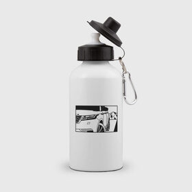 Бутылка спортивная с принтом Range Rover Evoque Черно-белый в Кировске, металл | емкость — 500 мл, в комплекте две пластиковые крышки и карабин для крепления | range rover evoque | горы | дорога | иллюстрация | колеса | машина | фары | черно белый