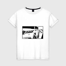 Женская футболка хлопок с принтом Range Rover Evoque Черно-белый в Кировске, 100% хлопок | прямой крой, круглый вырез горловины, длина до линии бедер, слегка спущенное плечо | range rover evoque | горы | дорога | иллюстрация | колеса | машина | фары | черно белый