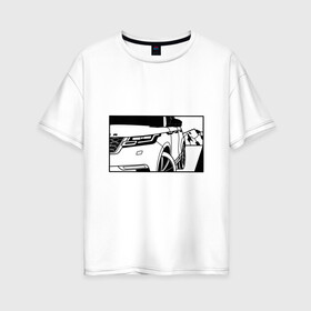 Женская футболка хлопок Oversize с принтом Range Rover Evoque Черно-белый в Кировске, 100% хлопок | свободный крой, круглый ворот, спущенный рукав, длина до линии бедер
 | range rover evoque | горы | дорога | иллюстрация | колеса | машина | фары | черно белый