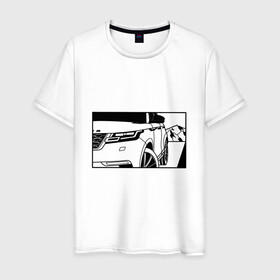 Мужская футболка хлопок с принтом Range Rover Evoque Черно-белый в Кировске, 100% хлопок | прямой крой, круглый вырез горловины, длина до линии бедер, слегка спущенное плечо. | range rover evoque | горы | дорога | иллюстрация | колеса | машина | фары | черно белый