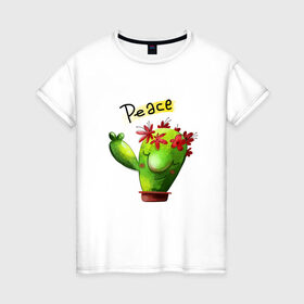 Женская футболка хлопок с принтом Кактус в Кировске, 100% хлопок | прямой крой, круглый вырез горловины, длина до линии бедер, слегка спущенное плечо | вачка | иголки | мир | праздник | растения | семья | хиппи | цветы