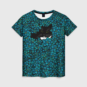 Женская футболка 3D с принтом Чёрная киса в Кировске, 100% полиэфир ( синтетическое хлопкоподобное полотно) | прямой крой, круглый вырез горловины, длина до линии бедер | домашние животные | звери | киса | кисуля | кот | коты | кошка | кошки | синяя | цветочки | цветы | черный кот