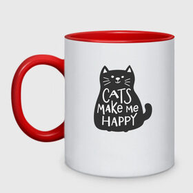 Кружка двухцветная с принтом Cat make me happy в Кировске, керамика | объем — 330 мл, диаметр — 80 мм. Цветная ручка и кайма сверху, в некоторых цветах — вся внутренняя часть | animal | cat | cat make me happy | животное | зверь | кот | кот делает меня счастливым | кошка | надписи