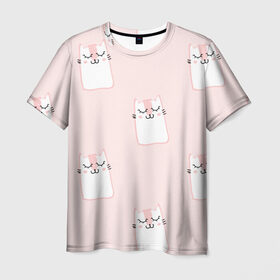 Мужская футболка 3D с принтом Коты в Кировске, 100% полиэфир | прямой крой, круглый вырез горловины, длина до линии бедер | animal | cat | животное | зверь | кот | кошка | розовый фон | узоры