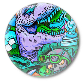Значок с принтом Рекс динозавр в Кировске,  металл | круглая форма, металлическая застежка в виде булавки | Тематика изображения на принте: динозавры | инопланетянин | космос | монстры | существа | тираннозавр