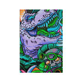 Обложка для паспорта матовая кожа с принтом Рекс динозавр в Кировске, натуральная матовая кожа | размер 19,3 х 13,7 см; прозрачные пластиковые крепления | Тематика изображения на принте: динозавры | инопланетянин | космос | монстры | существа | тираннозавр