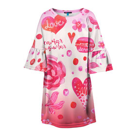 Детское платье 3D с принтом Самая любимая в Кировске, 100% полиэстер | прямой силуэт, чуть расширенный к низу. Круглая горловина, на рукавах — воланы | кружки | любимая | макарон | макароны | макарун | пион | пионы | роза | розовое | розовый | розы | самая | сердечки | сердечко | сердца | сердце