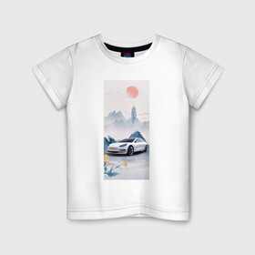 Детская футболка хлопок с принтом Тесла в японском стиле в Кировске, 100% хлопок | круглый вырез горловины, полуприлегающий силуэт, длина до линии бедер | белый | горы | красный | машина | птицы | синий | солнце | тесла | фотошоп | цветы | япония