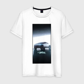 Мужская футболка хлопок с принтом Кибертрак в Кировске, 100% хлопок | прямой крой, круглый вырез горловины, длина до линии бедер, слегка спущенное плечо. | будущее | гараж | иллюстрация | кибертрак | машина | тень | тесла | фары | фотошоп