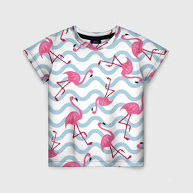 Детская футболка 3D с принтом Фламинго | Волны в Кировске, 100% гипоаллергенный полиэфир | прямой крой, круглый вырез горловины, длина до линии бедер, чуть спущенное плечо, ткань немного тянется | birds | drawing | fashion | feathers | flamingo | graphics | illustration | pink | stand | style | wings | youth | графика | иллюстрация | картинка | клюв | красивые | крылья | мода | молодежная | перья | птицы | рисунок | розовый | стиль | стоят
