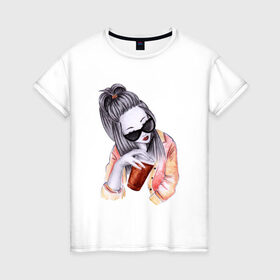 Женская футболка хлопок с принтом Девушка в Кировске, 100% хлопок | прямой крой, круглый вырез горловины, длина до линии бедер, слегка спущенное плечо | жить в кайф | иллюстрация | кофейня | очки