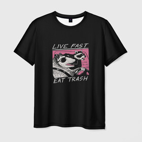 Мужская футболка 3D с принтом Live fast Eat trash в Кировске, 100% полиэфир | прямой крой, круглый вырез горловины, длина до линии бедер | eat | fast | live | snap | snap collection | trash | быстро | еда | енот | жизнь | мода | мусор | опоссум | очки