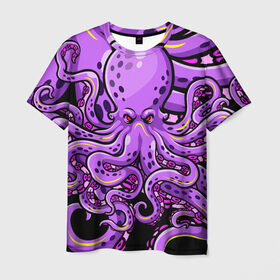 Мужская футболка 3D с принтом Кровожадный осьминог в Кировске, 100% полиэфир | прямой крой, круглый вырез горловины, длина до линии бедер | art | octopus | арт | глаза | голова | животные | красные | монстр | осьминог | щупальца