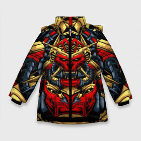 Зимняя куртка для девочек 3D с принтом Механический самурай в Кировске, ткань верха — 100% полиэстер; подклад — 100% полиэстер, утеплитель — 100% полиэстер. | длина ниже бедра, удлиненная спинка, воротник стойка и отстегивающийся капюшон. Есть боковые карманы с листочкой на кнопках, утяжки по низу изделия и внутренний карман на молнии. 

Предусмотрены светоотражающий принт на спинке, радужный светоотражающий элемент на пуллере молнии и на резинке для утяжки. | art | cyber | head | mechanical | robot | ronin | samurai | арт | голова | кибер | механический | монстр | робот | ронин | самурай